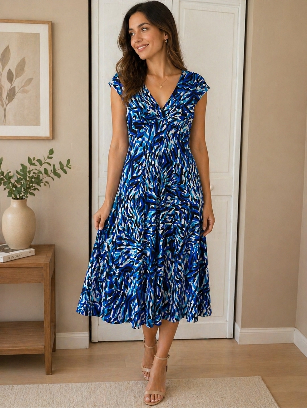 Evan Picone Blue and White Abstract Midi Dress